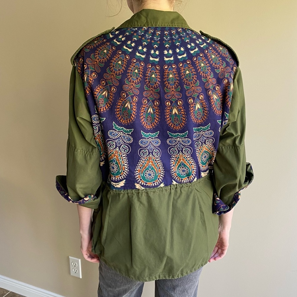 Army Green Utility Jacket w Boho Print on back, Military Coat, Spring, Anthro